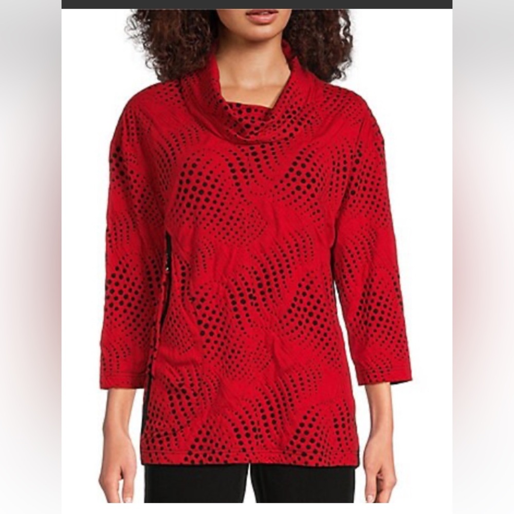 Ali Miles Fire Red Polka Dot Boho Relaxed Tunic Mock Neck Casual Event Career LG